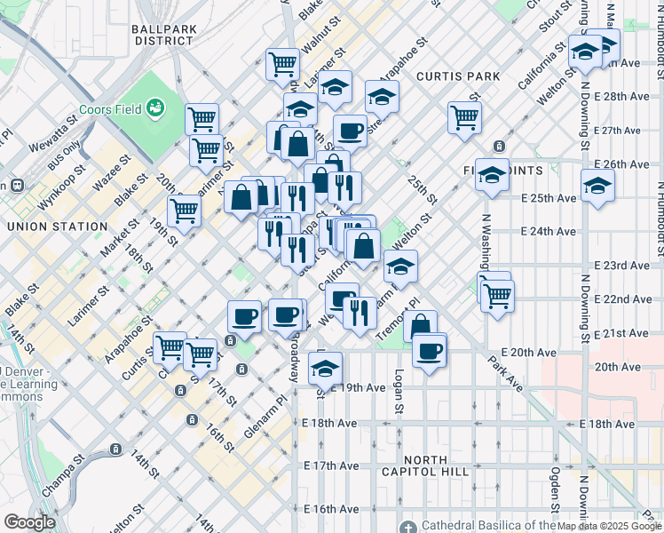 map of restaurants, bars, coffee shops, grocery stores, and more near 2131 Welton Street in Denver