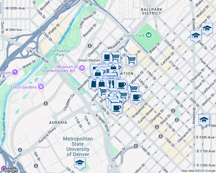 map of restaurants, bars, coffee shops, grocery stores, and more near in Denver