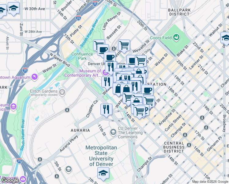 map of restaurants, bars, coffee shops, grocery stores, and more near 1404 Wynkoop Street in Denver