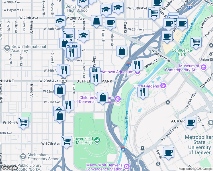 map of restaurants, bars, coffee shops, grocery stores, and more near 2190 Bryant Street in Denver