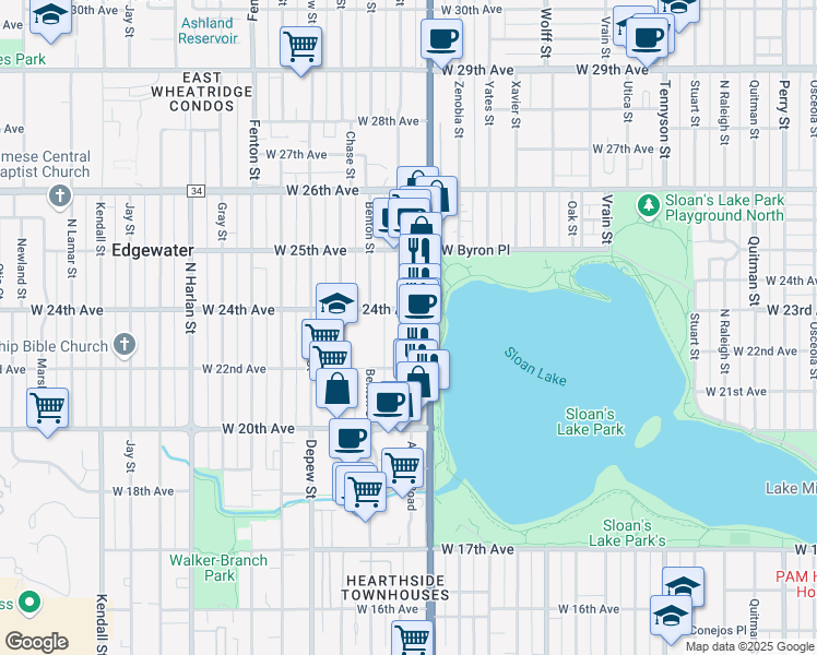 map of restaurants, bars, coffee shops, grocery stores, and more near 2218 Ames Street in Edgewater