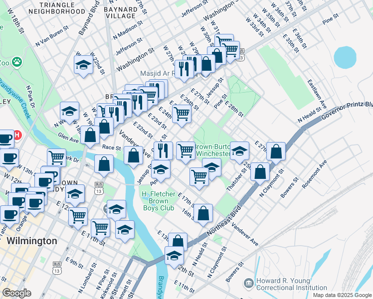 map of restaurants, bars, coffee shops, grocery stores, and more near 603 East 22nd Street in Wilmington