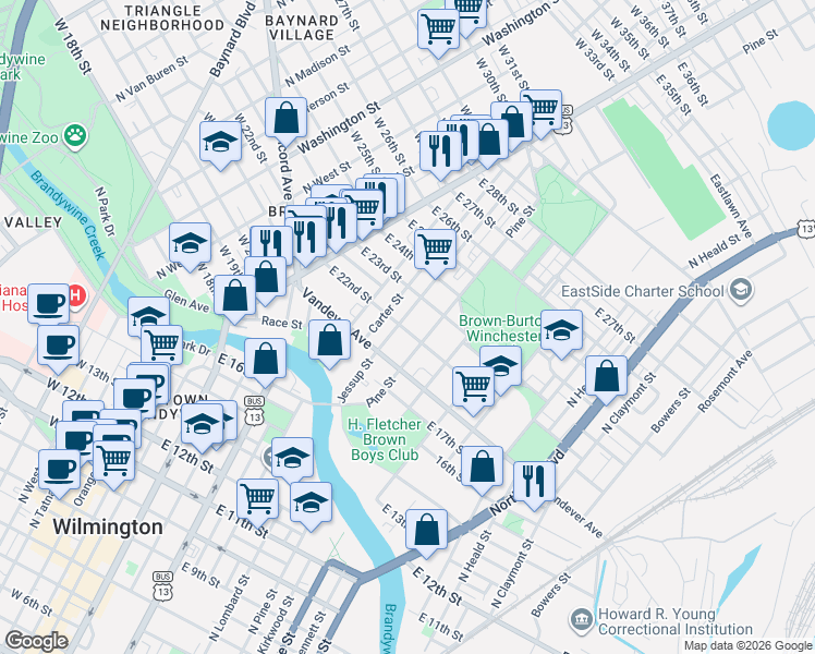 map of restaurants, bars, coffee shops, grocery stores, and more near 2104 Jessup Street in Wilmington