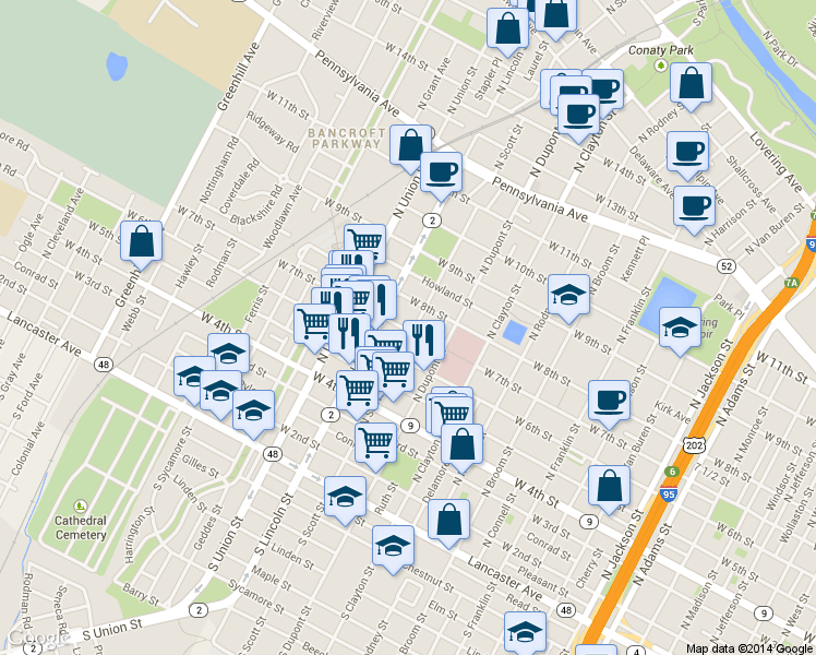 map of restaurants, bars, coffee shops, grocery stores, and more near 1813 West 6th Street in Wilmington
