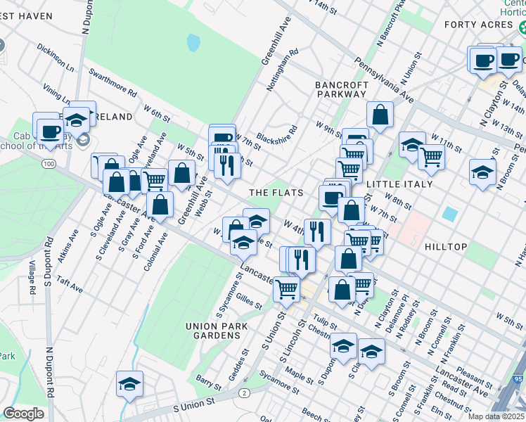 map of restaurants, bars, coffee shops, grocery stores, and more near 2200 West 4th Street in Wilmington