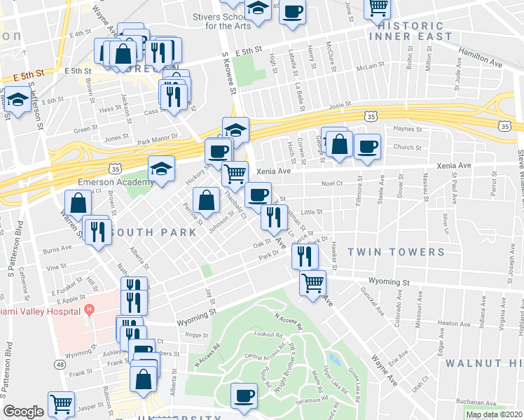 map of restaurants, bars, coffee shops, grocery stores, and more near 72 Clover Street in Dayton