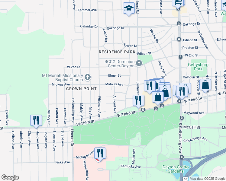 map of restaurants, bars, coffee shops, grocery stores, and more near 4602 Cummings Court in Dayton