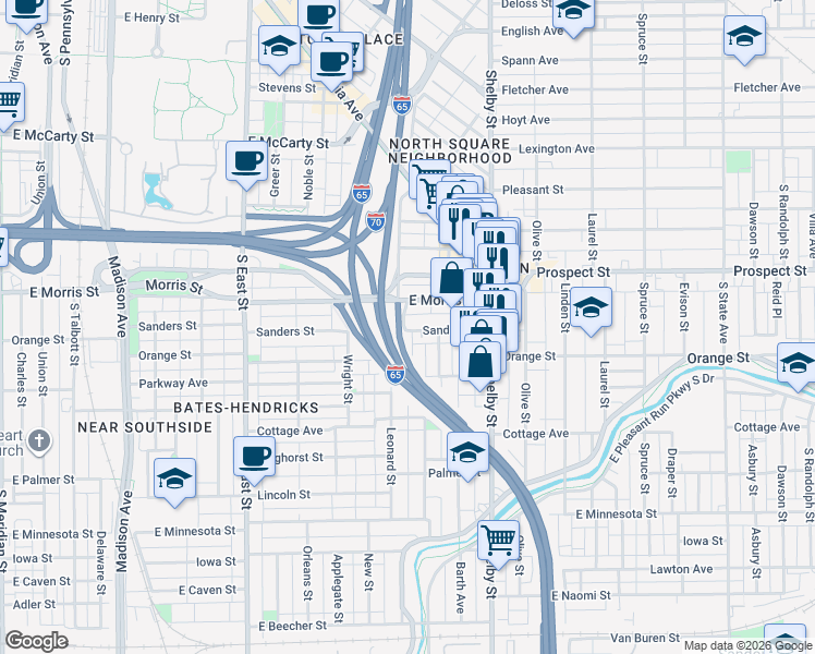map of restaurants, bars, coffee shops, grocery stores, and more near 1244 Hartford Street in Indianapolis