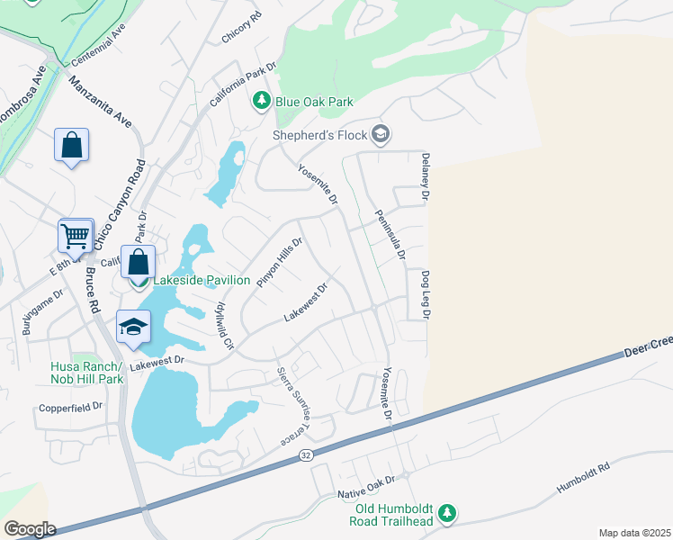 map of restaurants, bars, coffee shops, grocery stores, and more near 2673 Lakewest Drive in Chico