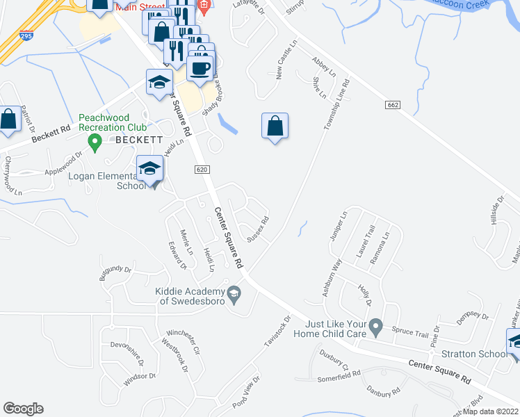 map of restaurants, bars, coffee shops, grocery stores, and more near 207 Sussex Road in Swedesboro