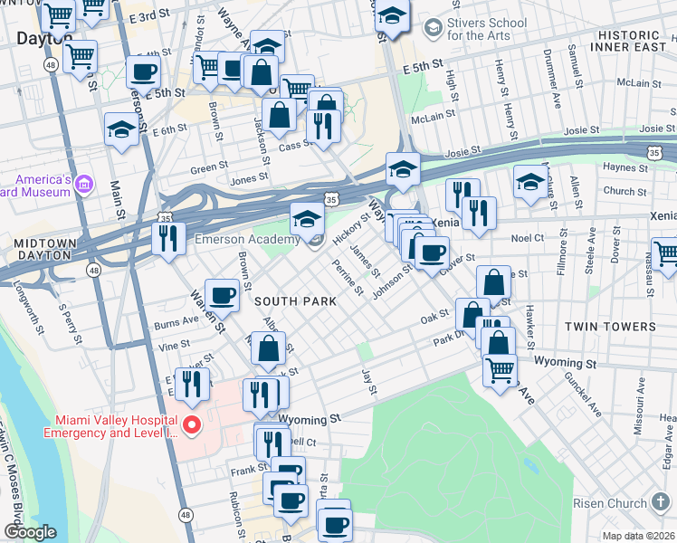 map of restaurants, bars, coffee shops, grocery stores, and more near 46 Bonner Street in Dayton