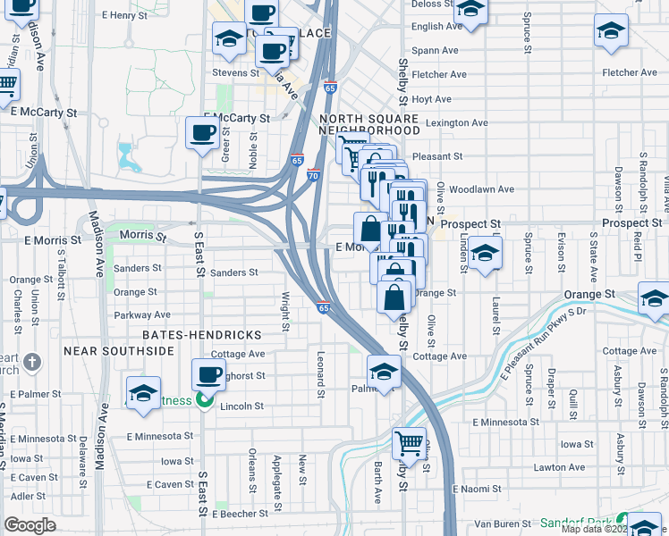 map of restaurants, bars, coffee shops, grocery stores, and more near 1244 Hartford Street in Indianapolis