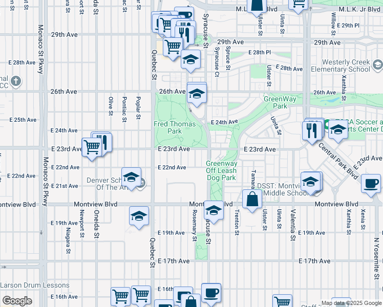 map of restaurants, bars, coffee shops, grocery stores, and more near 7605 East 22nd Avenue in Denver