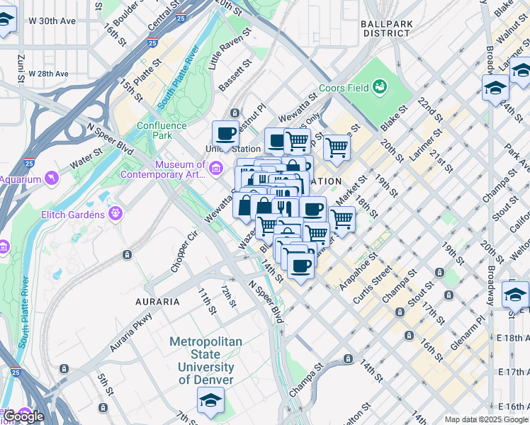map of restaurants, bars, coffee shops, grocery stores, and more near 1501 Wazee Street in Denver