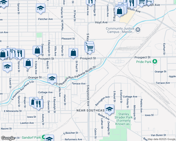 map of restaurants, bars, coffee shops, grocery stores, and more near S Keystone Ave & E Pleasant Run Pkwy N Dr in Indianapolis