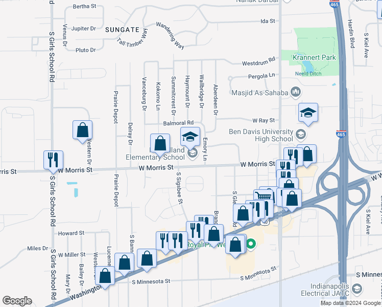 map of restaurants, bars, coffee shops, grocery stores, and more near 6740 West Morris Street in Indianapolis