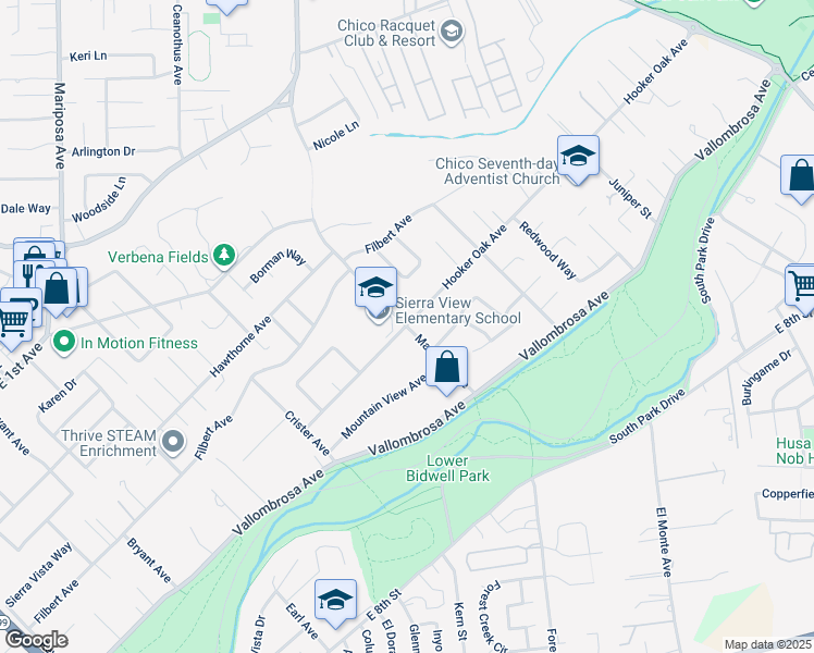 map of restaurants, bars, coffee shops, grocery stores, and more near 1598 Hooker Oak Avenue in Chico