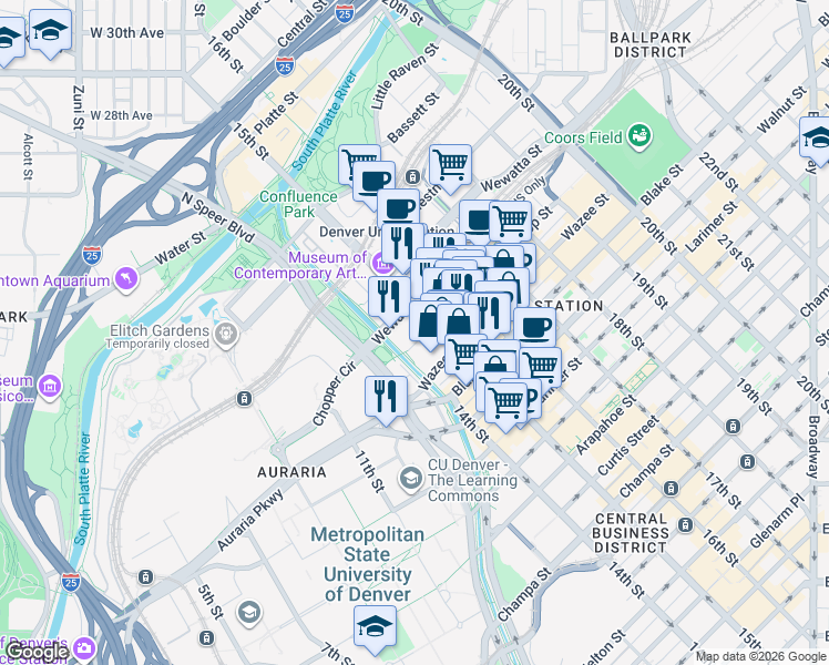 map of restaurants, bars, coffee shops, grocery stores, and more near 1404 Wynkoop Street in Denver