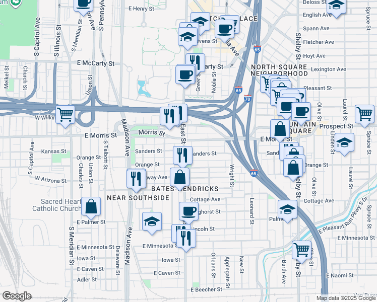 map of restaurants, bars, coffee shops, grocery stores, and more near 1259 South East Street in Indianapolis