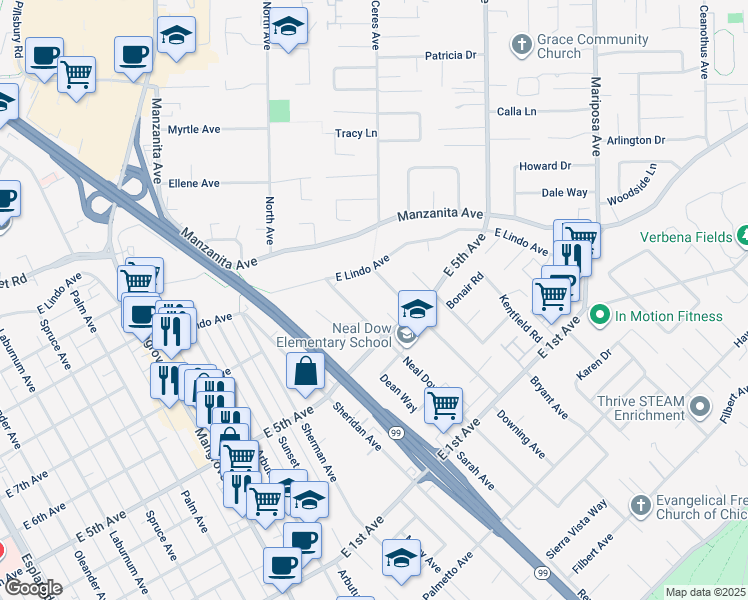 map of restaurants, bars, coffee shops, grocery stores, and more near 1612 Neal Dow Avenue in Chico