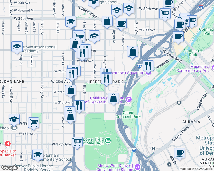map of restaurants, bars, coffee shops, grocery stores, and more near 2240 Clay Street in Denver
