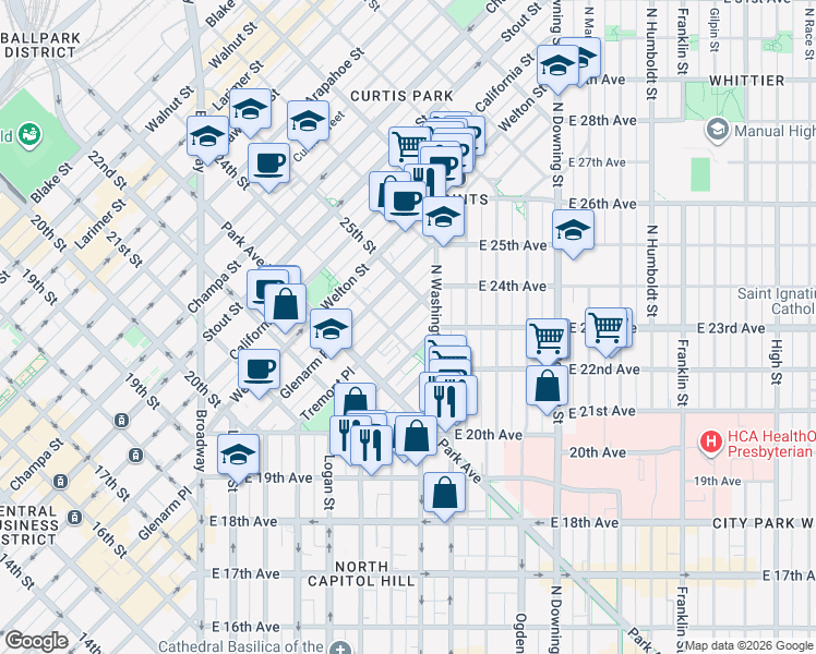 map of restaurants, bars, coffee shops, grocery stores, and more near 2380 Court Place in Denver