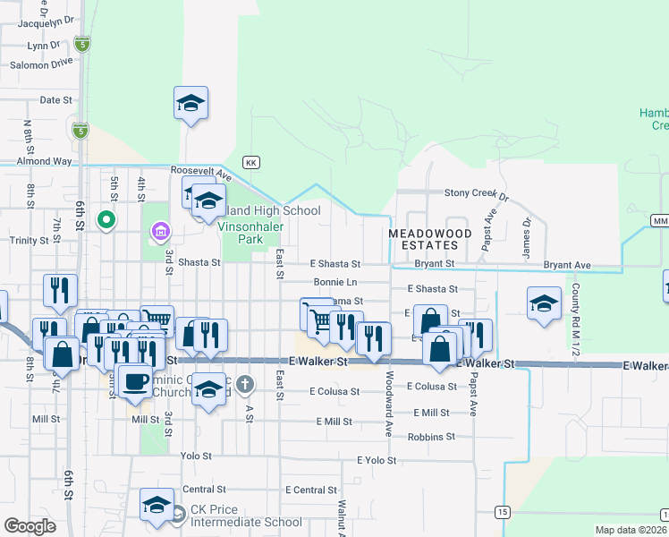 map of restaurants, bars, coffee shops, grocery stores, and more near 70 East Shasta Street in Orland
