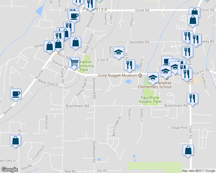 map of restaurants, bars, coffee shops, grocery stores, and more near 5617 Campus Drive in Paradise
