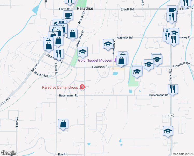 map of restaurants, bars, coffee shops, grocery stores, and more near 5617 Campus Drive in Paradise
