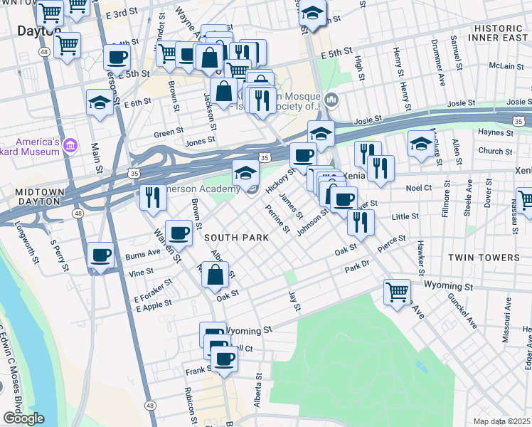 map of restaurants, bars, coffee shops, grocery stores, and more near 500 Hickory Street in Dayton
