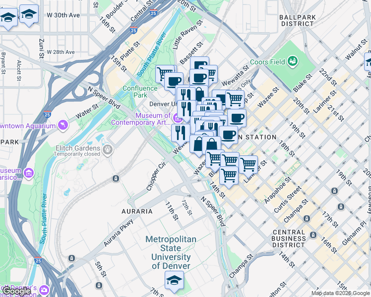 map of restaurants, bars, coffee shops, grocery stores, and more near 1400 Wewatta Street in Denver