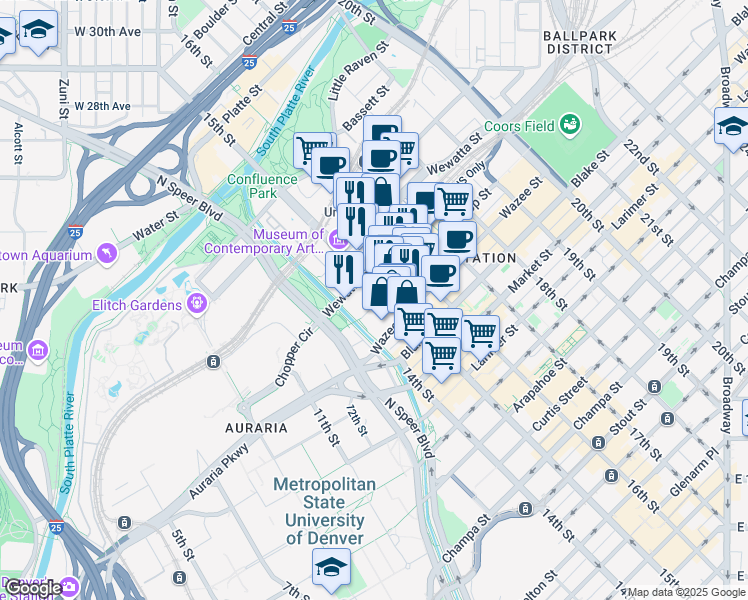 map of restaurants, bars, coffee shops, grocery stores, and more near in Denver