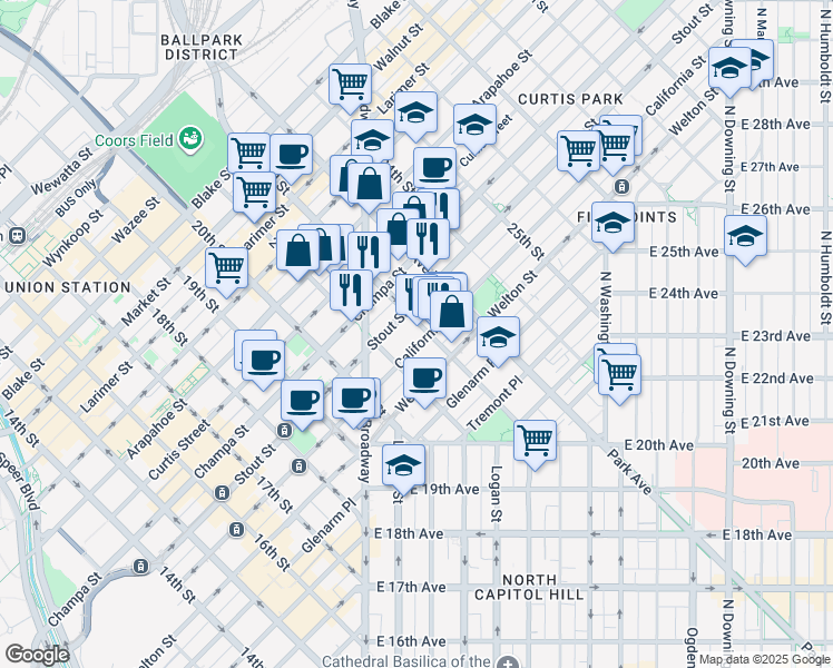 map of restaurants, bars, coffee shops, grocery stores, and more near 2175 California Street in Denver