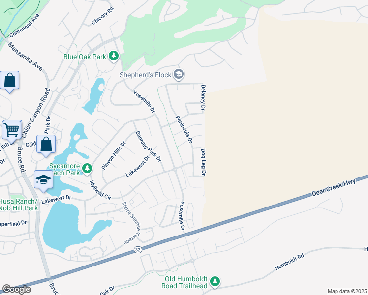 map of restaurants, bars, coffee shops, grocery stores, and more near 16 Phyllis Court in Chico