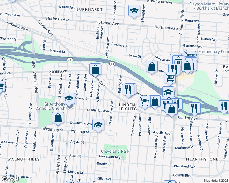 map of restaurants, bars, coffee shops, grocery stores, and more near 539 Santa Cruz Avenue in Dayton