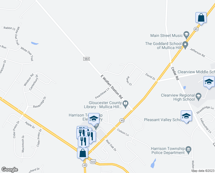 map of restaurants, bars, coffee shops, grocery stores, and more near 1 Peachtree Lane in Mullica Hill
