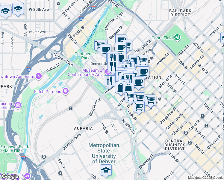 map of restaurants, bars, coffee shops, grocery stores, and more near 1400 Wewatta Street in Denver