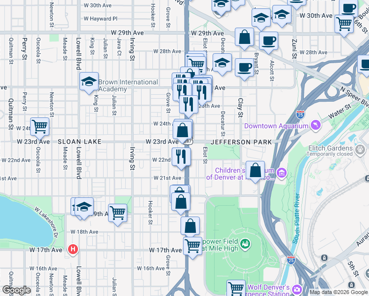 map of restaurants, bars, coffee shops, grocery stores, and more near 2311 Federal Boulevard in Denver