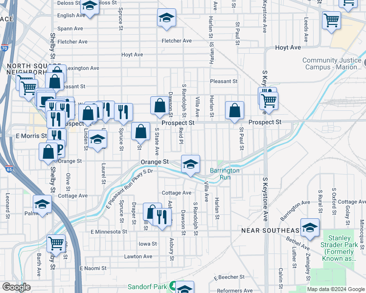 map of restaurants, bars, coffee shops, grocery stores, and more near 1161 Reid Place in Indianapolis