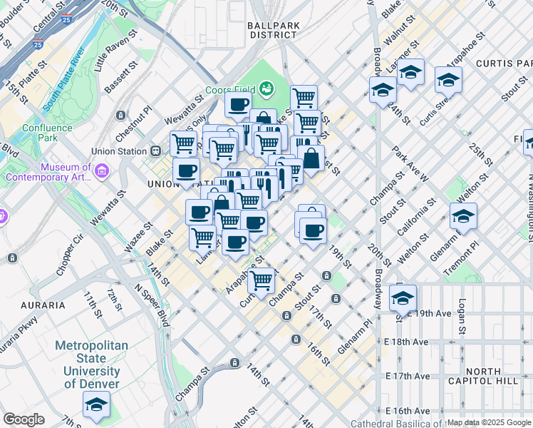 map of restaurants, bars, coffee shops, grocery stores, and more near 1800 Larimer Street in Denver