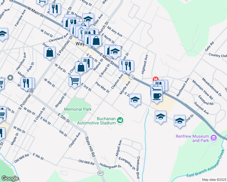 map of restaurants, bars, coffee shops, grocery stores, and more near 115 Clayton Avenue in Waynesboro