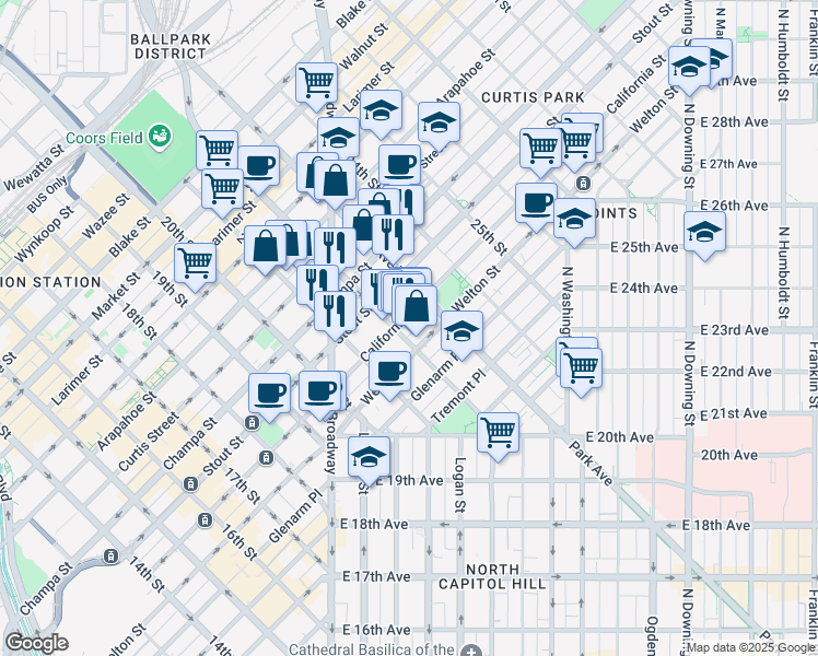 map of restaurants, bars, coffee shops, grocery stores, and more near 2210 California Street in Denver