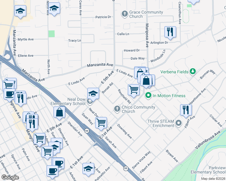 map of restaurants, bars, coffee shops, grocery stores, and more near 2 Canterbury Circle in Chico