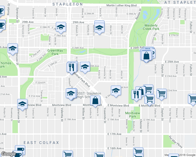 map of restaurants, bars, coffee shops, grocery stores, and more near 8772 East 24th Avenue in Denver