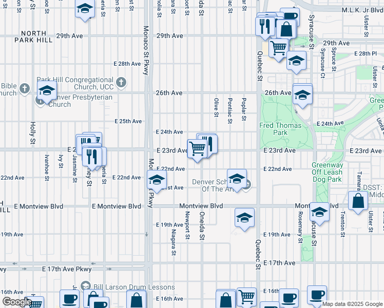 map of restaurants, bars, coffee shops, grocery stores, and more near 2323 Oneida Street in Denver