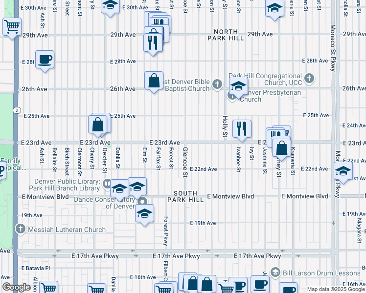 map of restaurants, bars, coffee shops, grocery stores, and more near 2314 Forest Street in Denver