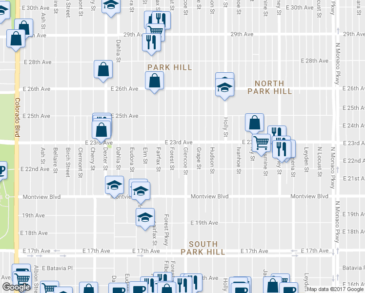 map of restaurants, bars, coffee shops, grocery stores, and more near 2314 Forest Street in Denver