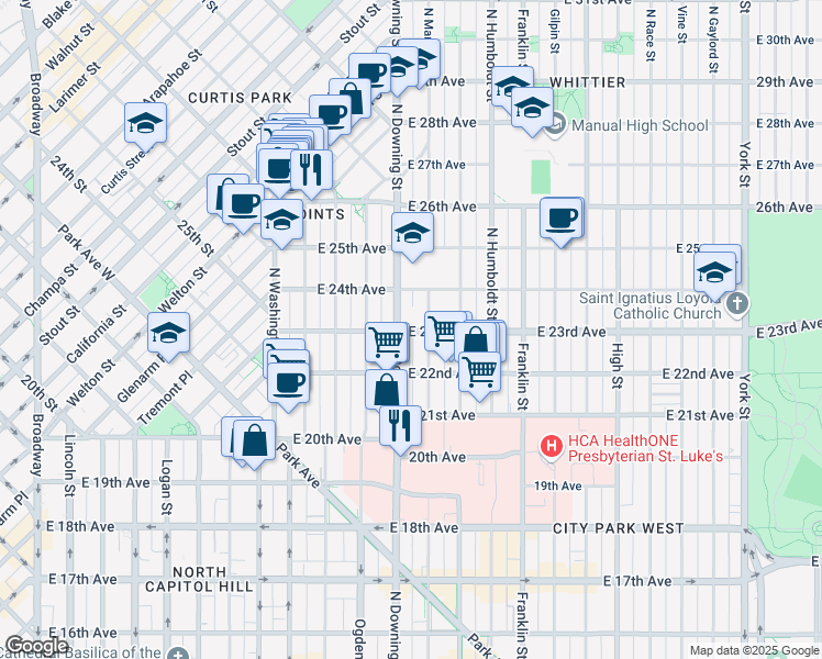 map of restaurants, bars, coffee shops, grocery stores, and more near 2334 North Downing Street in Denver
