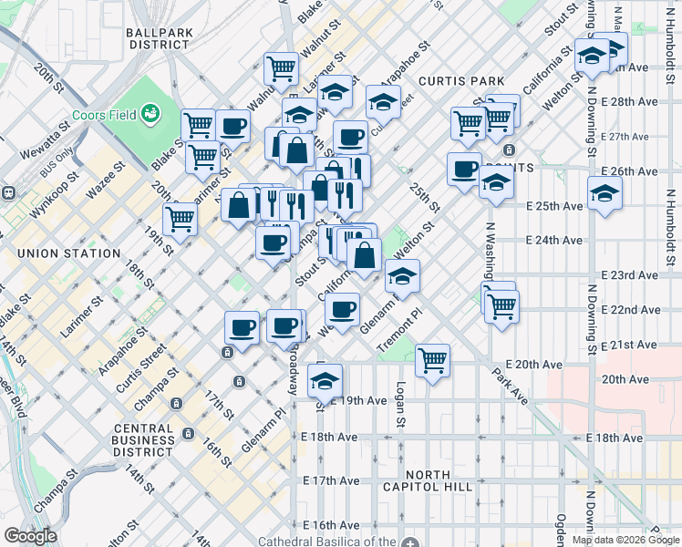 map of restaurants, bars, coffee shops, grocery stores, and more near 2215 California Street in Denver