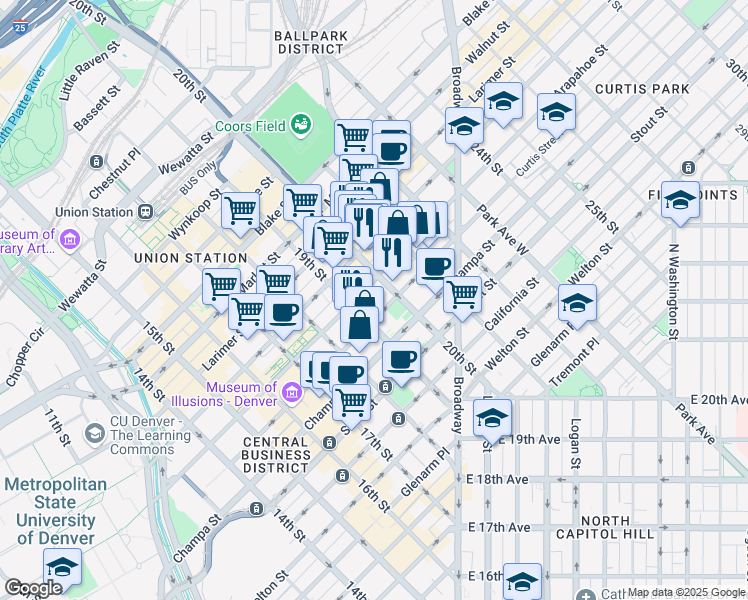 map of restaurants, bars, coffee shops, grocery stores, and more near 1955 Arapahoe Street in Denver